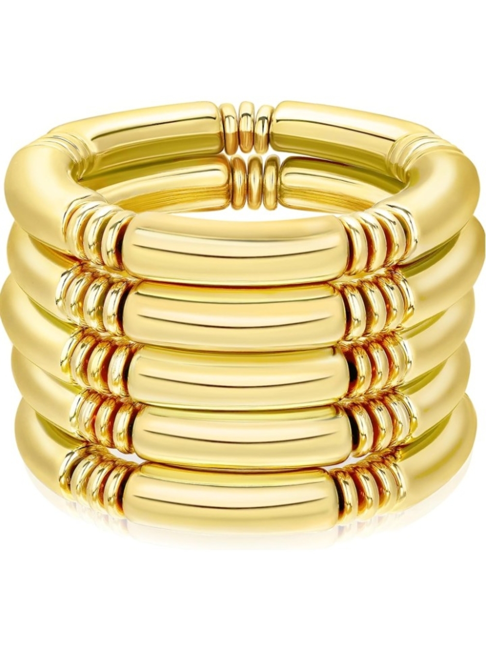 NWT Gold Bamboo Tube Stretch Bracelet Stack Set 5pc Heavy Chunky Minimalist